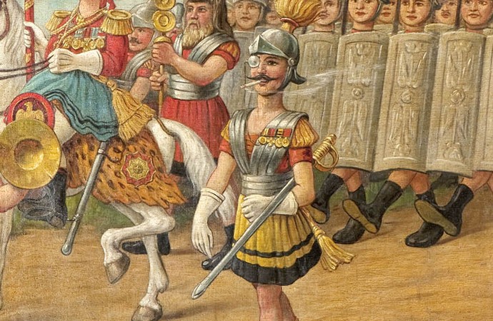 Parade of the Romans (detail), scroll painting for covering the Schönhagen-Genert shooting stand, display cabinet 26, Stadtmuseum Münster